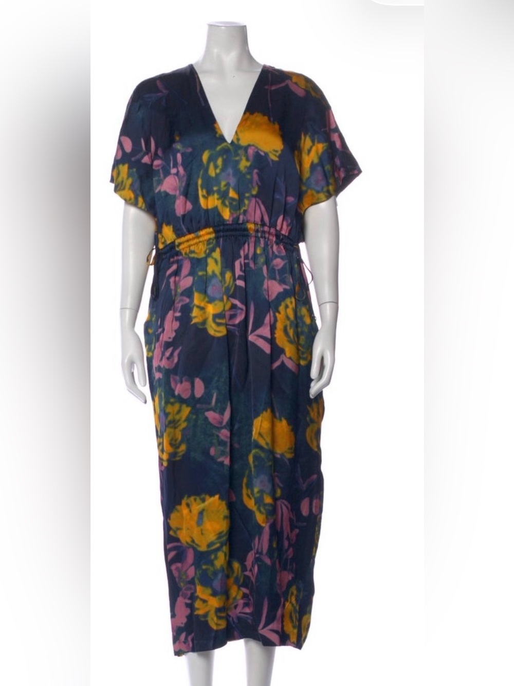 Dries Van Noten Navy Floral Elastic-Waist Casual Dress